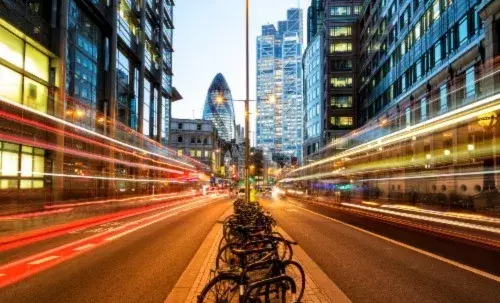 Traffic on bishopsgate street at dusk london UK